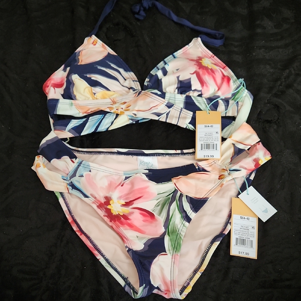 Floral Bikini Set with Pink and Navy Colors
